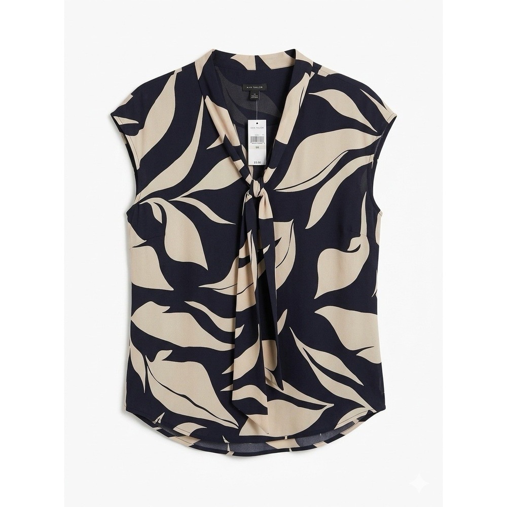 NWT Ann Taylor Women XS Workwear Tie Blouse Corporate Classy Necktie Navy Print
